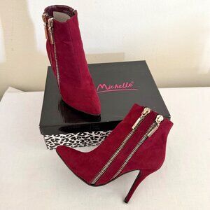 Anne Michelle Ankle Boots Size 7.5 Red Faux Suede Stiletto Zipper Booties